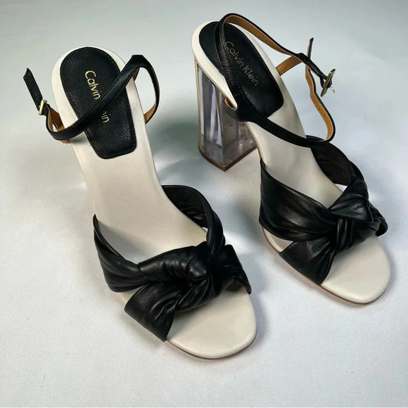 Calvin Klein Laureen acrylic / wooden block heel sandals Sz 9.5 worn in store - Picture 2 of 12